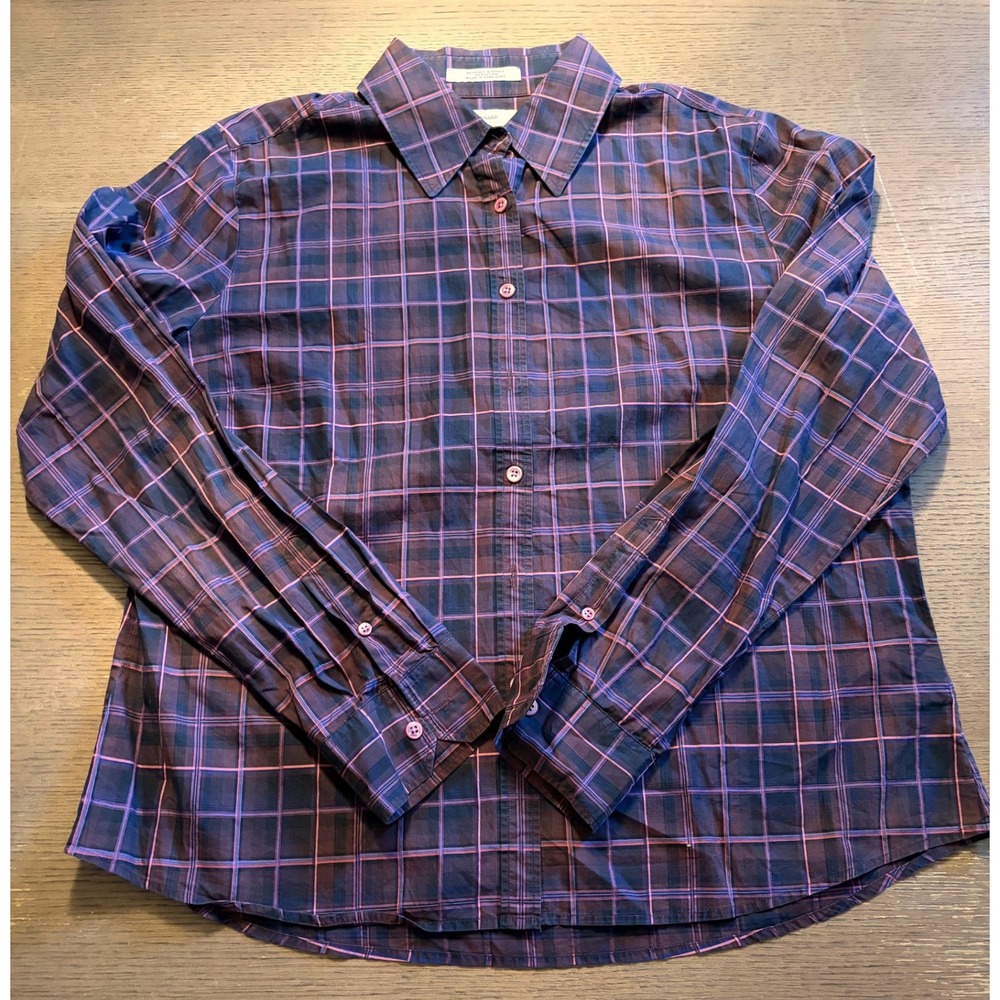 Faconnable Womens XL Purple Pink Plaid Cotton Button Down Shirt Long Sleeve